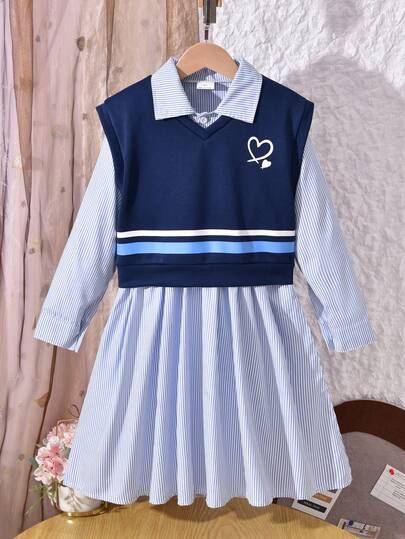 Vihyde 2 pezzi/set Abito camicia a righe e gilet con stampa a cuore, stile scolastico per ragazze adolescenti, autunno/inverno