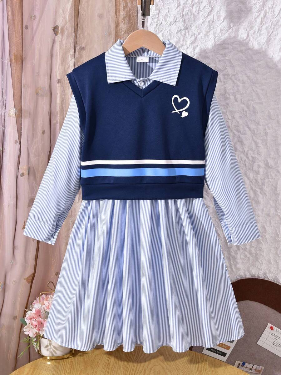 Vihyde 2 pezzi/set Abito camicia a righe e gilet con stampa a cuore, stile scolastico per ragazze adolescenti, autunno/inverno