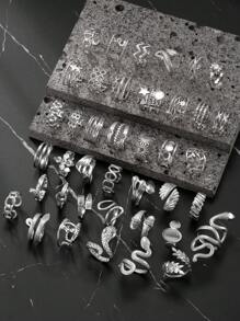 5/10/15/20/40/60pcs Set Stainless Steel Open Ring Assorted Styles Random Box, Including Snake Ring, Geometric Pattern Ring, Star Ring, Cross Ring, Essential For New Year, Valentine's Day Gift, Everyday Wear - Silver - View 13
