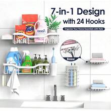 Shower Caddy Adhesive Shower Organizer 7-Pack, Rustproof Stainless Steel Bathroom Shelves, Large Capacity No-Drill Rack Storage Accessories With Soap Dish Toothbrush Holder &24 Hooks Home Decor - 白色 - 查看 4