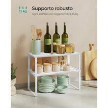 Spice Rack, Set Of 2, Expandable Kitchen Organizer, Stackable Kitchen Shelf, Metal And Wood Material, Cloud White