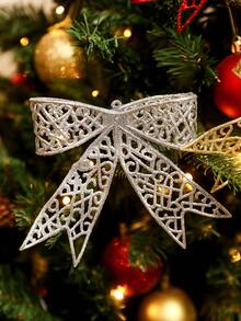 5pcs/1pc Christmas Bow Tree Topper Decorations, Christmas Tree Ornaments, Glitter Artificial Christmas Bows, DIY Wreath, Home Decor, Wedding Party, Christmas Gift Box Decor, Holiday Party Decorations, Christmas/Holiday/Seasonal/Wedding Christmas Tree Decor, Glittering Christmas Wooden Shrub Decorations