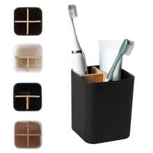 1PC Bamboo Toothbrush Holder For Bathrooms, 3 Slots Toothbrush And Toothpaste Holder Bathroom Counter Organizer For Electric Toothbrushes, Floss, Razors Home Bathroom Decor Fall Decor Back To School - Black - View 2