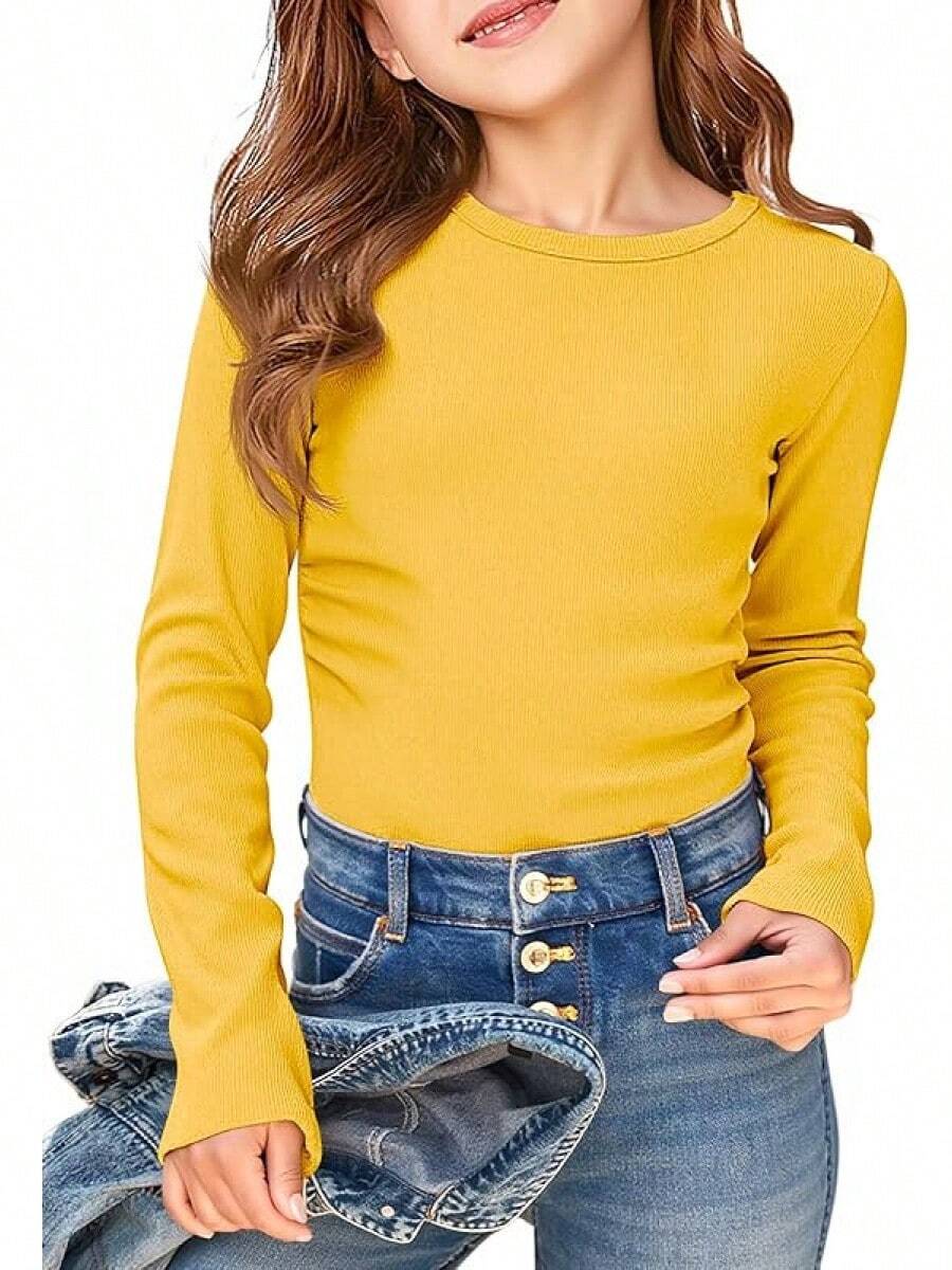 Haloumoning Girls Long Sleeve Shirts Crewneck Ruched Side Slim Fit Tops Ribbed Knit Casual Tee Shirt 4-15 Years