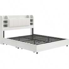 Full/Queen/King Size Storage Bed Frame With Headboard, Bookcase Shelf Design With 4 Drawers And Built-In Charging Station, Modern Platform Bed, No Box Spring Required, White - Xem 10