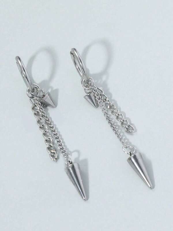 1 Pair Stainless Steel Men's Earrings, Conical Dangle Earrings