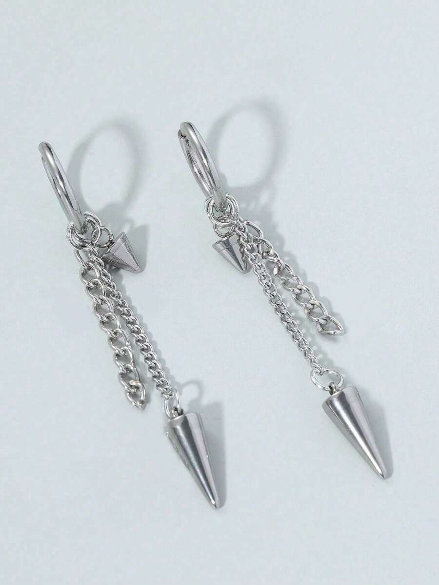 1 Pair Stainless Steel Men's Earrings, Conical Dangle Earrings - Silver - View 1