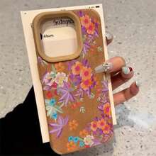 Diseño de patrón de hoja de arce y flor de naranja Teléfono de lente alta 11 Pro 16 Plus 13 XS 15 14 12 Cuero sintético suave todo incluido - Colores mixtos 1 - Ver 1