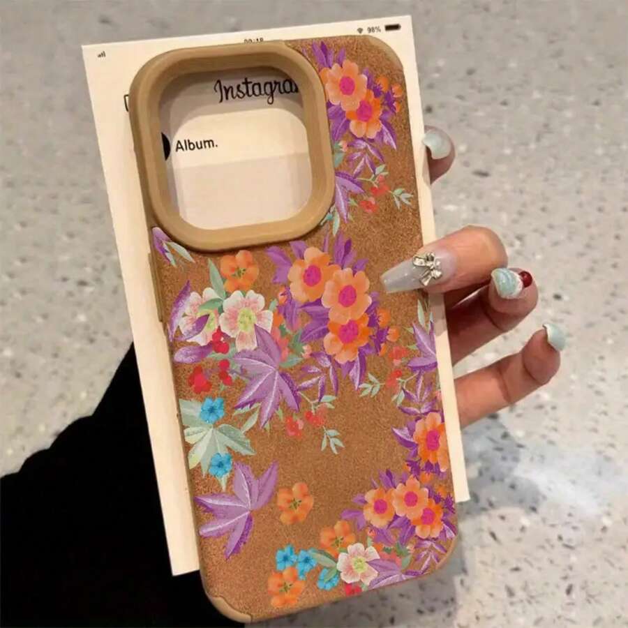 Diseño de patrón de hoja de arce y flor de naranja Teléfono de lente alta 11 Pro 16 Plus 13 XS 15 14 12 Cuero sintético suave todo incluido - Colores mixtos 1 - Ver 1