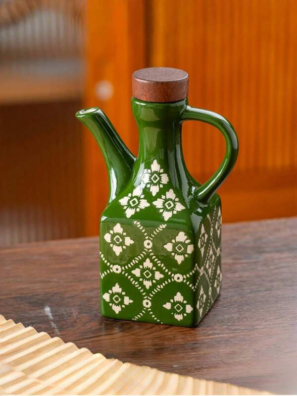 1pc Ceramic Oil Dispenser, Soy Sauce Dispenser With Wooden Lid And Handle, Blue And White Porcelain Design, Freezer , Square Shape, Suitable For Kitchen Condiment Storage, Vinegar, Soy Sauce And Seasoning Container, Kitchen Storage Solution | Artistic Floral Design | Wooden Lid Jar | Dispenser Bottle