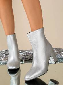 Women's Ankle Boots, Silver Leather With Inherent Luster, High-End Ankle Boots With Rear Zipper, Chunky Heel And Pointed Toe, Fashionable And Sturdy, Easy To Put On And Take Off, Versatile For Various Personal Styles, Suitable For Daily Wear, Commuting And Work - Silver - View 3