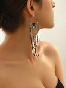 1 Pair Exaggerated Black Spider Halloween Earrings, Fashionable Goth Style Black Spider Oil Drop Chain Tassel Long Pendant Earrings, Halloween Jewelry, Holiday Party Jewelry - Black - View 4