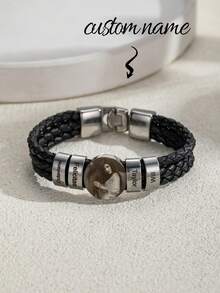 1pc Personalized Engraved Name & Photo Leather Cord Bracelet, Minimalist Black Braided Leather Cord Multi-Name Custom Bracelet With Photo, Stainless Steel Multi-Name Photo Bracelet Gift For Dad, Father's Day, Valentine's Day, Birthday, Anniversary - Multicolor - View 3