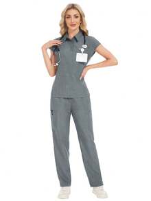 2pcs Women's Collared Multi-Pocket Top And Pants Scrubs Uniform Set, Nurse Scrubs Workwear For Dentist, Healthcare, Laboratory Spring Fall - Grey - View 8