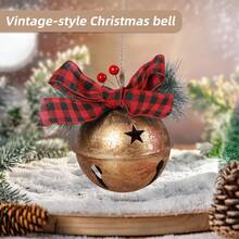 Large Vintage Gold Glitter Metal Christmas Bell Wreath, Decorated With Plaid Bow And Pine Branches - Rustic Round Holiday Decor, Suitable For Thanksgiving, Mother's Day, Valentine's Day - Easy To Hang On Door Or Wall Home Decor Christmas Decorations Room Decor Winter