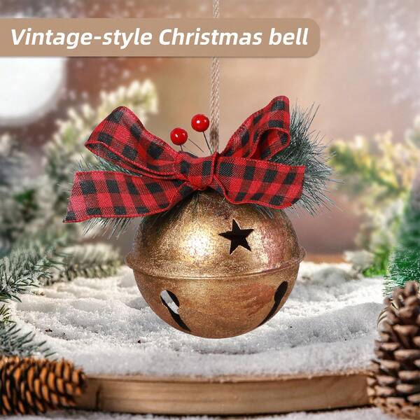 Large Vintage Gold Glitter Metal Christmas Bell Wreath, Decorated With Plaid Bow And Pine Branches - Rustic Round Holiday Decor, Suitable For Thanksgiving, Mother's Day, Valentine's Day - Easy To Hang On Door Or Wall Home Decor Christmas Decorations Room Decor Winter