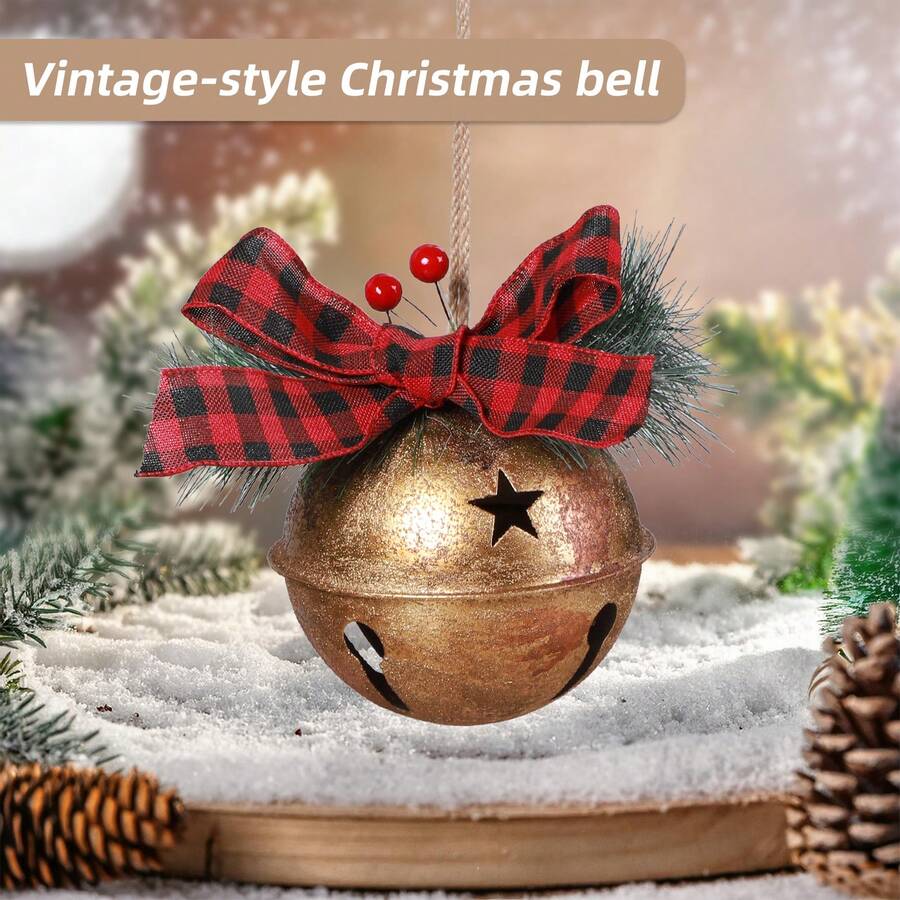Large Vintage Gold Glitter Metal Christmas Bell Wreath, Decorated With Plaid Bow And Pine Branches - Rustic Round Holiday Decor, Suitable For Thanksgiving, Mother's Day, Valentine's Day - Easy To Hang On Door Or Wall Home Decor Christmas Decorations Room Decor Winter