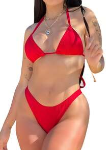 Ribbed Bikini Set, Triangle Top, Delta Wing Panties, Women's Summer, Without Pads, Beach - trắng - Xem 9