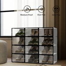 12Pcs Transparent Plastic Shoe Storage Box Organizer | Stackable, Shoe Boxes Clear Plastic Stackable Shoe Storage Boxes For Size 12 - Black-12Pcs - 查看 7