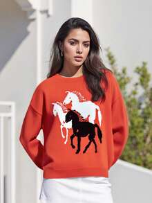 Women Y2k Graphic Sweater Pullover Long Sleeve Crew Neck Oversized Knit Aesthetic Sweatshirt Cute Horse Pattern Preppy Jumper Top - 紅色 - 查看 3