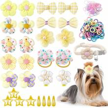 LAXDAMRE-180+ Pcs Blue Dog Hair Accessories Set,Small Dog Hair Bows With Rubber Bands,Cute Puppy Hair Ties,Bowties Small Dogs Cats,Dog Hair Clip,Floral Bell Collar,Flower Scrunchie-2025 - 黃色 - 查看 1