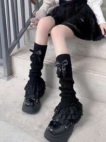 1双女士黑色洛丽塔蝴蝶结蕾丝边扭结腿套，舒适保暖 - 黑色 - 查看 5