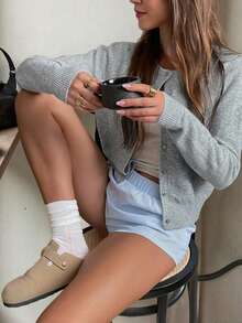 Suéter de punto de manga larga con cuello redondo de color sólido simple para mujer, estilo corto, suelto y cómodo, adecuado para primavera y otoño, estilo universitario elegante y de moda. - Gris - Ver 5