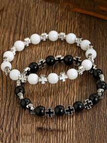 2pcs/1pc Vintage Fashion Stone Bead Cross Pendant & Beaded Bracelet Set, Casual Daily Wear, Gift For Boyfriend, Couple, Father, Son