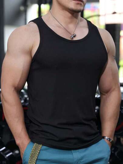 Obcisła kamizelka męska z gwintem, fitness, wysoka elastyczność, amerykańska, jednokolorowa, bez rękawów, kamizelka sportowa, koszulka