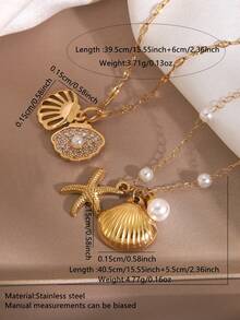 1 Set Ozean-Elemente-Stil weiße Kunststoff-Perlenkette mit Edelstahl-Muschel- und Seestern-Anhänger, geeignet für den täglichen Gebrauch von Frauen oder den Strandurlaub