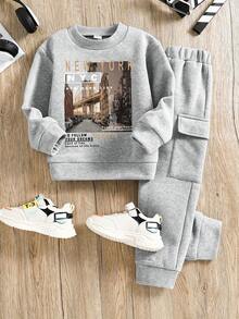 Young Boy Landscape Print Crew Neck Sweatshirt And Sweatpants Casual Suit, Autumn - Grey - View 2