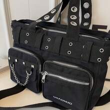 SLIN&LXZQ Vintage Large Capacity Tote Bag, Hot Girls Cool Punk Y2K Shoulder Bag, Women's Rivet Embellished Crossbody & Handbags, Versatile Multiple Pockets Solid Color Outdoor Travel Satchel Bag, Casual Daily Commuter Messenger Shopping Bags - Black - View 6