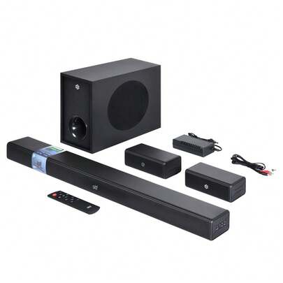  STF | Barra de Sonido 5.1 Home Audio con Subwoofer Inalámbrico | Entrada Óptica/USB/Auxiliar | Potencia: 100 W | 3 Ecualizaciones | Control Remoto