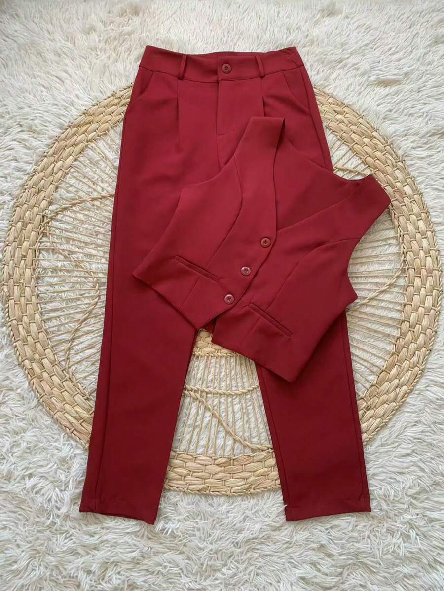 Stylish Premium Tailored Vest And Pants Set Simple Elegant Pocket Buttons On The Front Office Beach - Burdeos - Ver 1