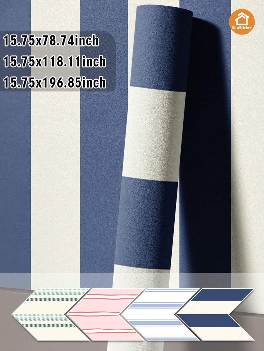 1 件绿色、蓝色、卡其色竖条纹壁纸，粘性剥离粘贴，可 DIY 移除且防水，适用于育儿室、卧室、游戏室装饰、墙面覆盖、家具升级，15.75X78.74/118.11/196.85 英寸 - 彩色 - 查看 1
