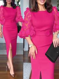 Polka Dot Appliques Mesh Lantern Sleeve Zipper Back Slit Work Dress Cinched Waist Slim Fit Mid-Length Dress With Belt