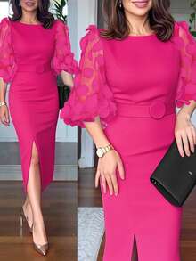 Polka Dot Appliques Mesh Lantern Sleeve Zipper Back Slit Work Dress Cinched Waist Slim Fit Mid-Length Dress With Belt - Màu Hồng Tươi - Xem 1