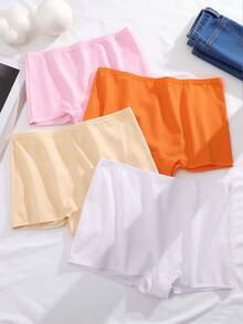 4 piezas/Pantalones cortos tipo bóxer cómodos y casuales de tela de punto elástica media de color liso para mujer, multicolor