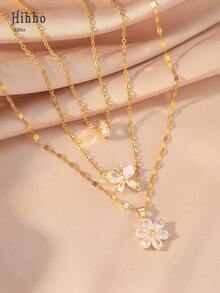 Hihho 3pcs Fashionable Casual Sparkling Cubic Zirconia Flower, Butterfly, Waist Design Necklace Set, Creative Gift For Women, Party - Yellow Gold - View 2