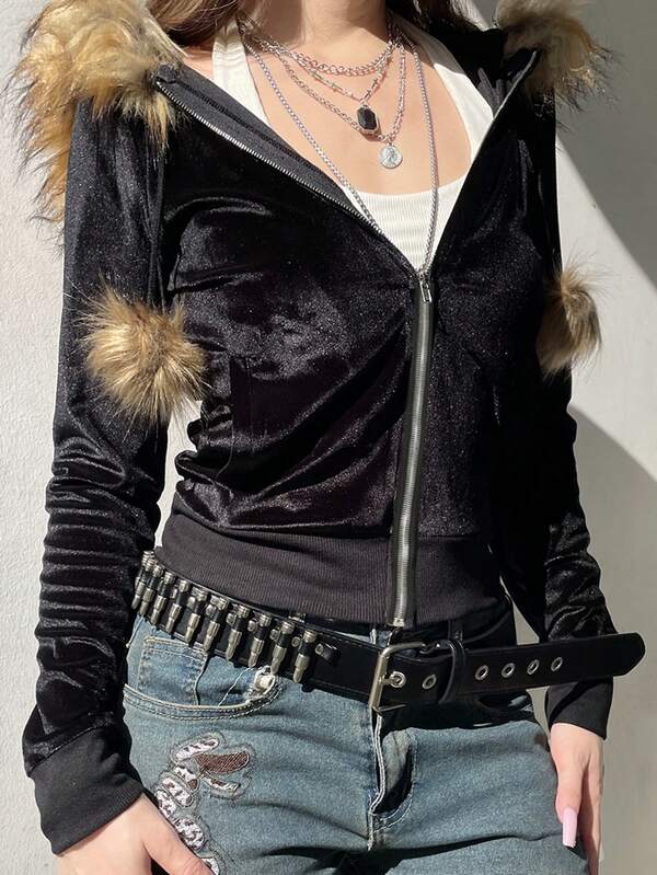Y2K Aesthetic Faux Feathers Hooded Cardigan Black Velvet Furry Ball Decorate Zip Up Hoodies Jackets Retro Gothic Coats