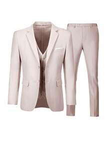 Bộ vest nam 3 món thanh lịch, màu trơn, hai nút, dáng ôm, áo khoác vest và quần, thích hợp cho đám cưới, dạ hội, công sở, phong cách quý tộc cổ điển. - Màu be - Xem 4