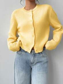 Cárdigan corto con botones, informal, elegante, de manga larga, con cuello redondo y color sólido suelto para mujer, adecuado para otoño e invierno. - Amarillo - Ver 4