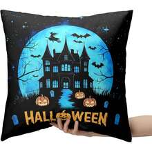 2 pièces Taie d'oreiller d'Halloween Château de sorcière Taie d'oreiller Horreur Pleine lune Nuit Taie d'oreiller Chauve-souris Fantôme Citrouille Housse de coussin Fête de vacances Décoration de maison Canapé Simple sans rembourrage - Bleu azur - Voir 5