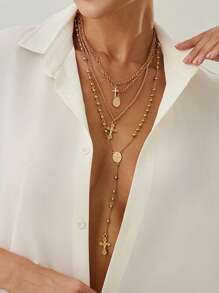 Set de 4 piezas Collar con colgante de metal en forma de cruz sexy, Collar gargantilla elegante en forma de Y con cuentas de perlas en capas, Adecuado para fiesta, regalo, ir al trabajo, uso diario