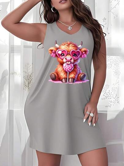 Baby Highland Cow Lollipop In Love Heart Sunglasses Dress, Highland Cow Dress, Fashional Dress, Summer Casual Wear With Relaxed Style, Women's Dress