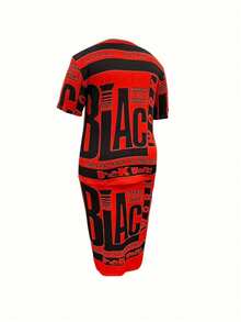 Plus Size Fashion Women's Letter Print Short Sleeve Top Drawstring Skirt Set - 紅色 - 查看 3