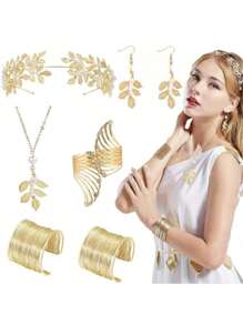 5pcs/Set Greek Goddess Style Clothing And Accessories Set, Including Leaf Shaped Crowns, Headbands, Bracelets, Earrings, Bridal Headpieces Halloween