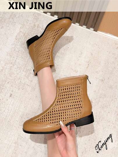 女士时尚踝靴，新款圆头镂空低跟粗跟百搭短靴