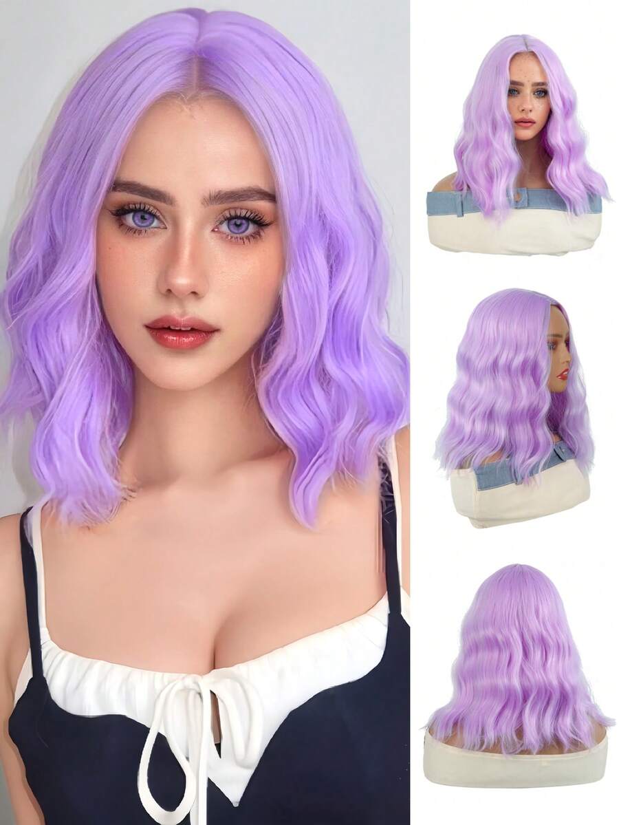 16 Inch Color Purple Bob Wigs For Women Curly Wavy Wigs No Bangs Short Heat Resistant Synthetic Wigs For Party Costume Daily Wear Colorful Wigs Coachella Music HOTSALES Halloween - 紫色 - 查看 1