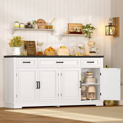 63" Buffet Cabinet With Storage, Large Sideboard Buffet Storage Cabinet With 3 Drawers, Farmhouse Coffee Bar Cabinet, Wood Buffet Table For Kitchen, Living Room, White